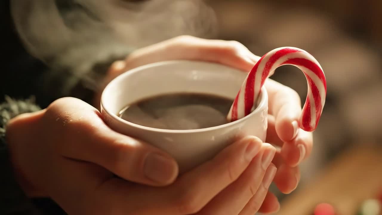 Close-up video of hands holding a cup with candy cane, warm and cozy atmosphere