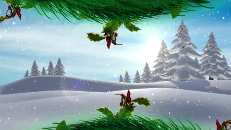 Christmas-wreath-over-snow-falling-over-multiple-trees-on-winter-landscape-against-blue-sky