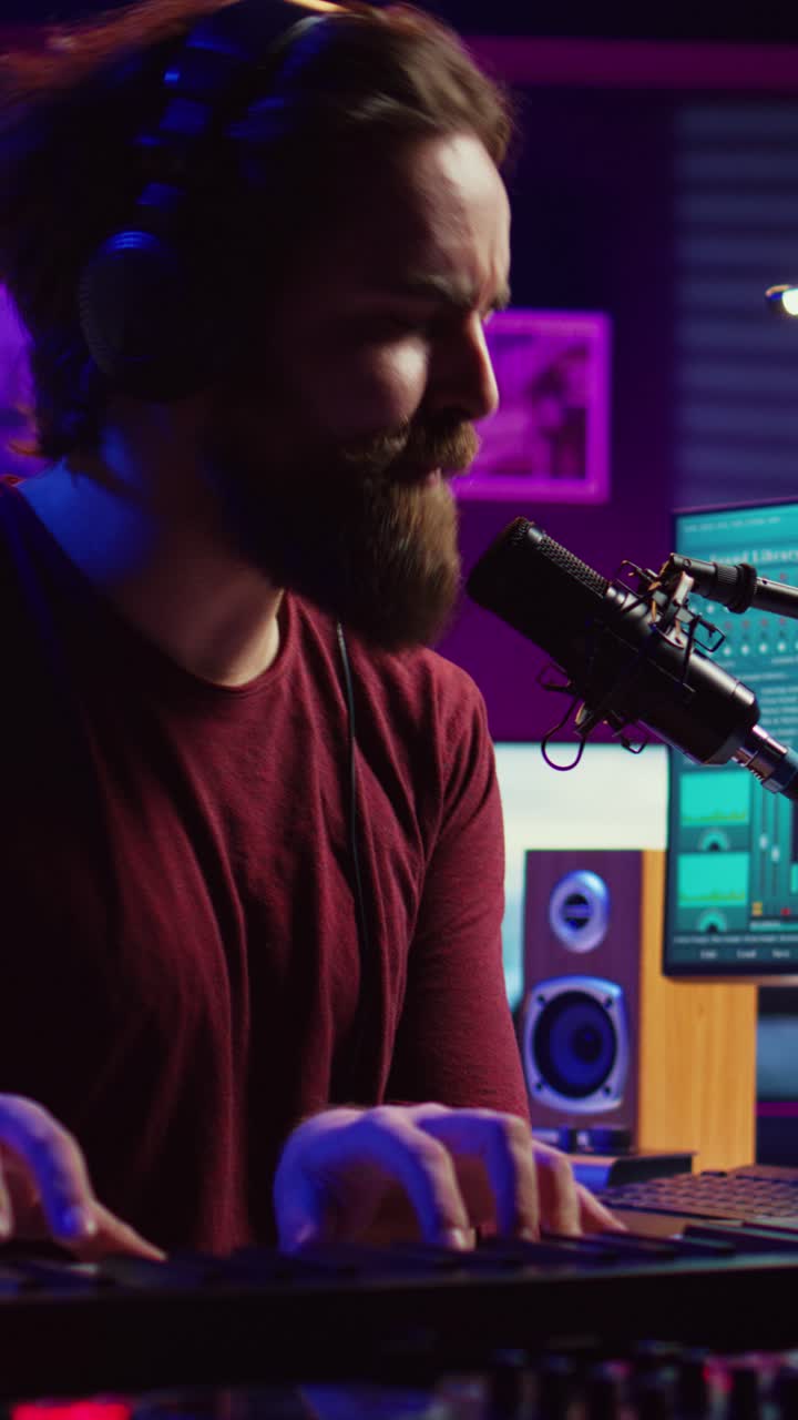 Man Playing Keyboard and Recording Music in Home Studio