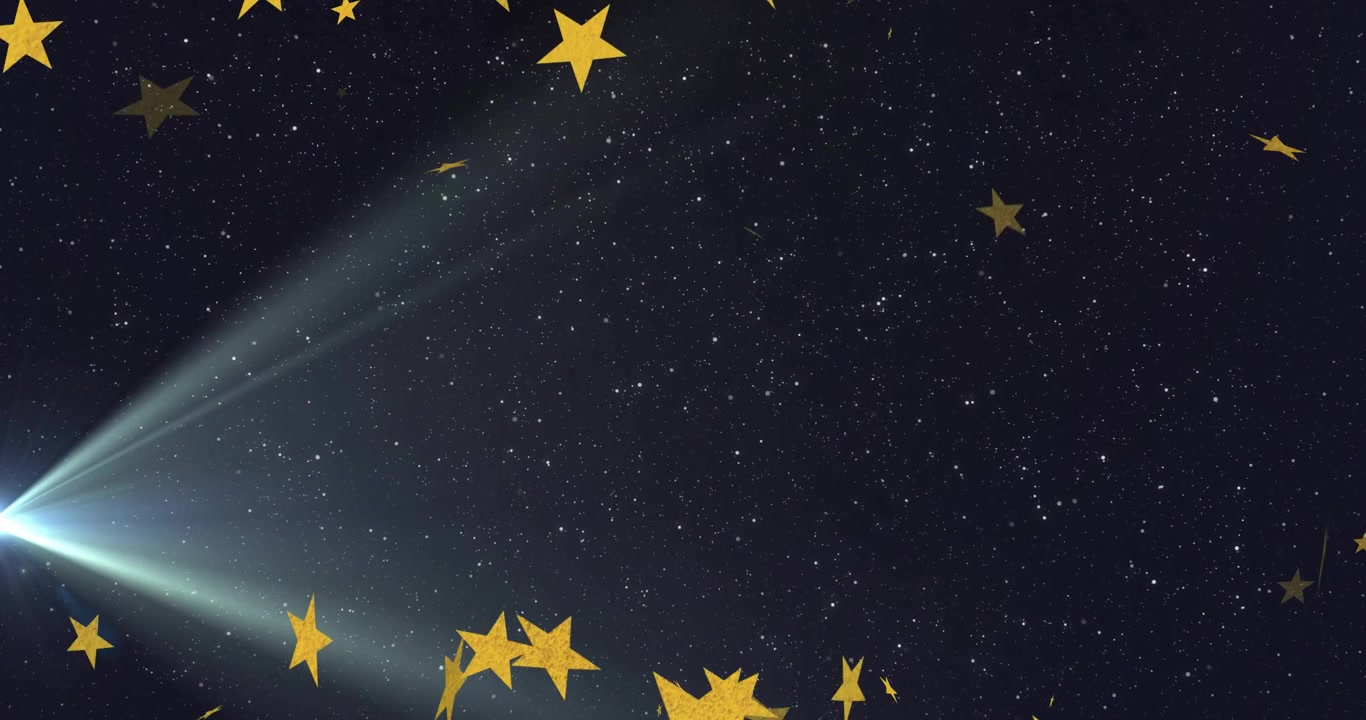 Gylne stjerner som svever på mørk nattehimmel med spotlight