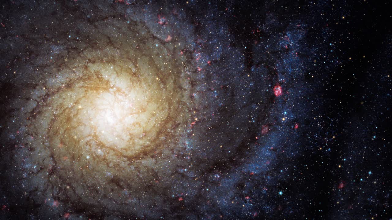 Loop Space Flight deep space exploration travel to Spiral Galaxy M74. 4K 3D loop space exploration to Messier 74, large spiral galaxy in equatorial constellation Pisces. Furnished by NASA images.