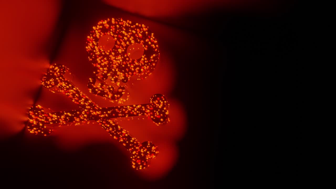 두개골과 십자  표지판과 상징 빛나는 미래의 입자 3d 렌더링 큐브 다각형 패턴, 바이러스 악성코드 위험한 해커 개념 디자인 검은 배경 애니메이션 4k 복사 공간