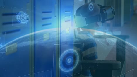 Animation-Des-Scannens-Von-Zielfernrohren-Und-Des-Globus-über-Einem-Schüler,-Der-Ein-VR-Headset-Trägt