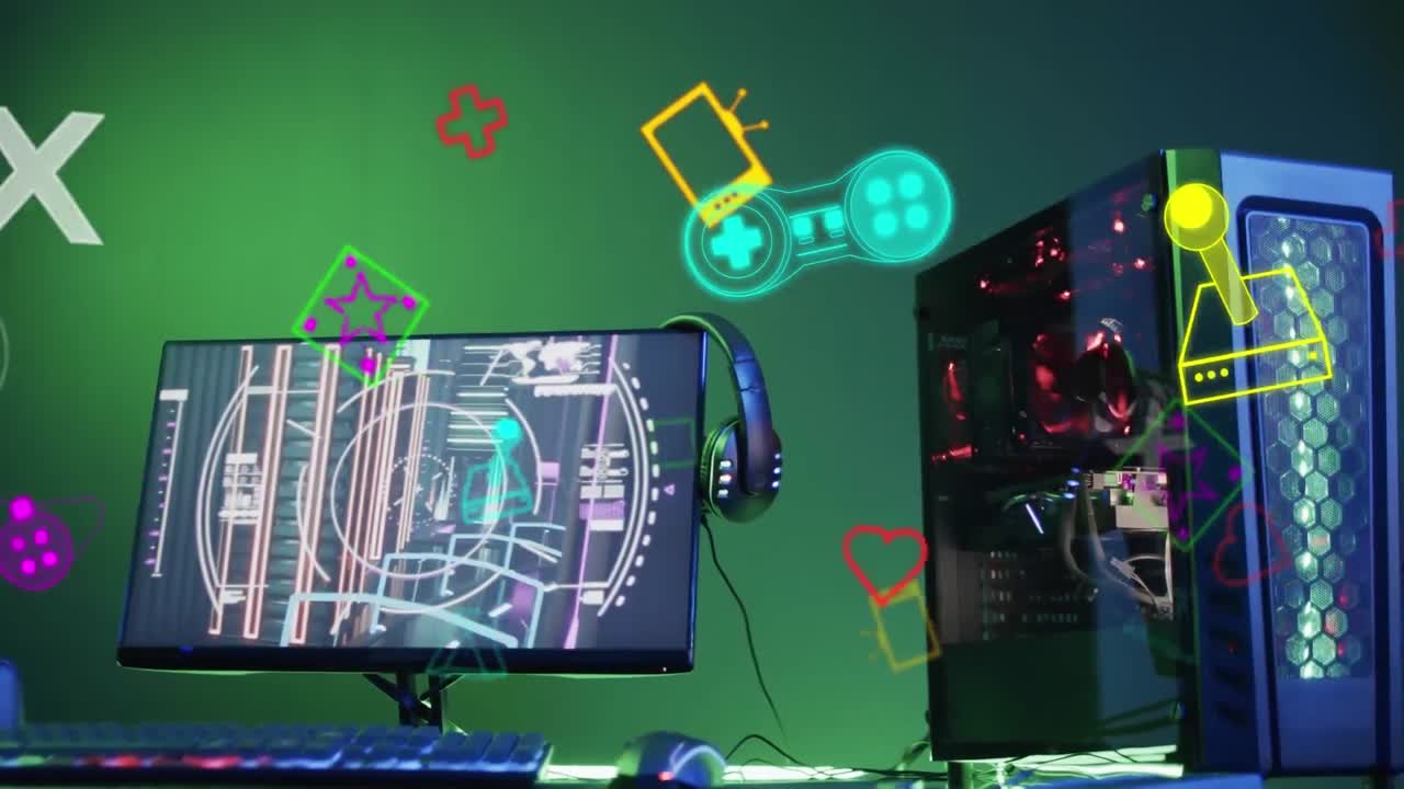 Animation of neon icons over video game computer equipment