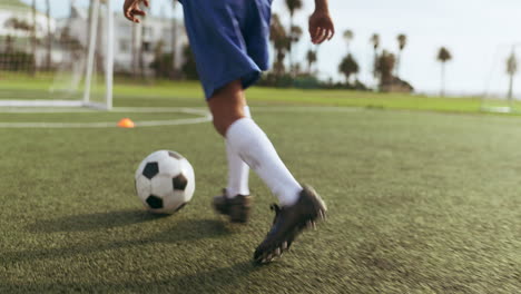 Goal,-ball-and-feet-of-soccer-child-shooting