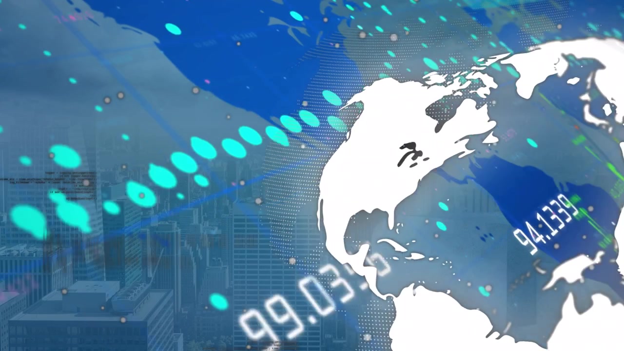 都市の景観を背景に、データ処理と地球のアニメーション