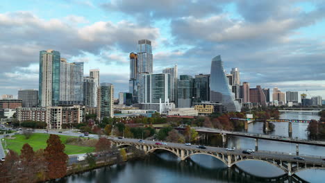 Truck-shot-of-downtown-Austin-skyline-over-the-Colorado-River-infront-of-the-Lamar-Blvd-Bridge