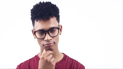 man, glasses and thinking face in studio