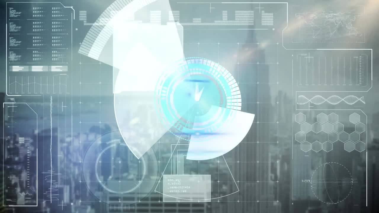 시계와 데이터 처리와 함께 도시 풍경 위의 범위 스캐닝의 애니메이션