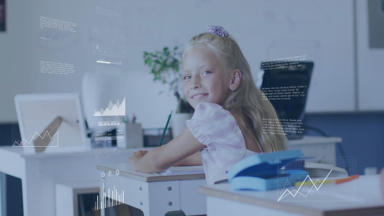 다이어그램의 애니메이션과 교실에서 백인 여학생 학습에 대한 데이터 처리