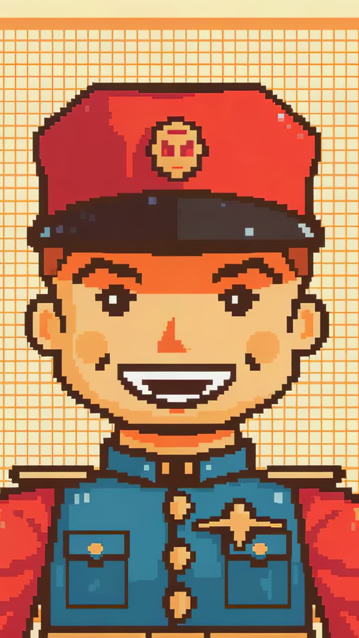 Video verticale: al cambio di inquadratura, braccia uniformi di pixel che si alzano su una griglia beige, salutando con il distintivo sul cappello