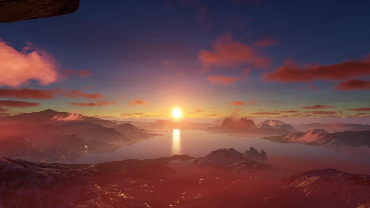 vista del amanecer o la puesta de sol desde la cima de una montaña sobre un lago congelado