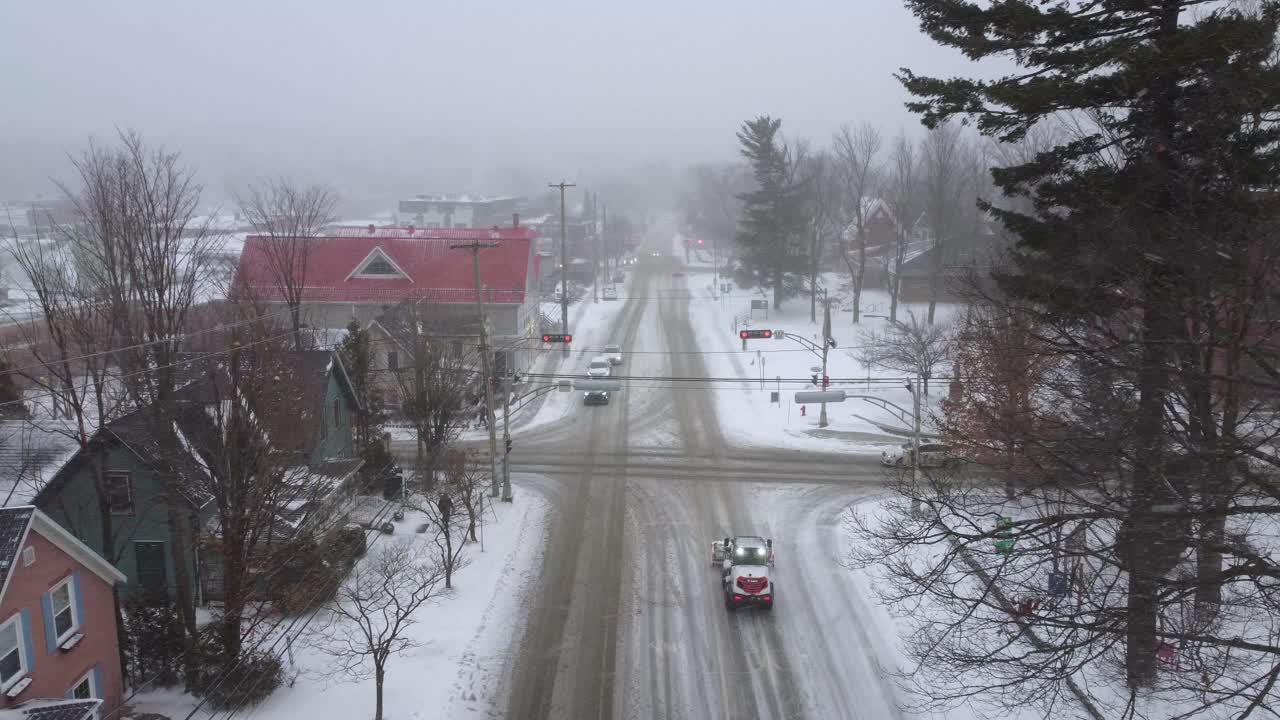 Winter roads, snow-covered streets at Orford, Québec, Canada.