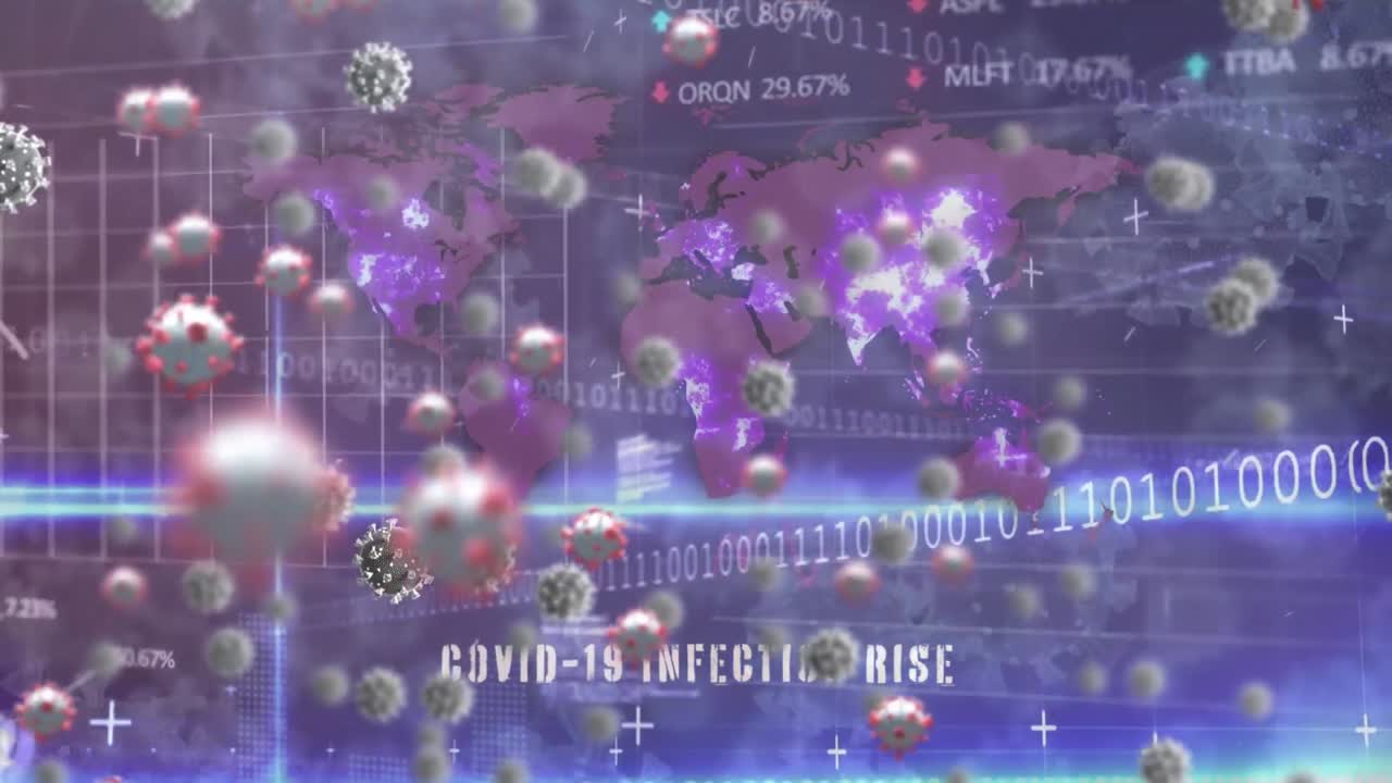 Animation of virus cells over world map and diverse financial data in background