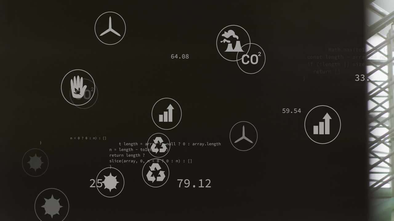 Animation of data processing and ecology icons over office