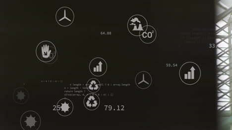 animation of data processing and ecology icons over office