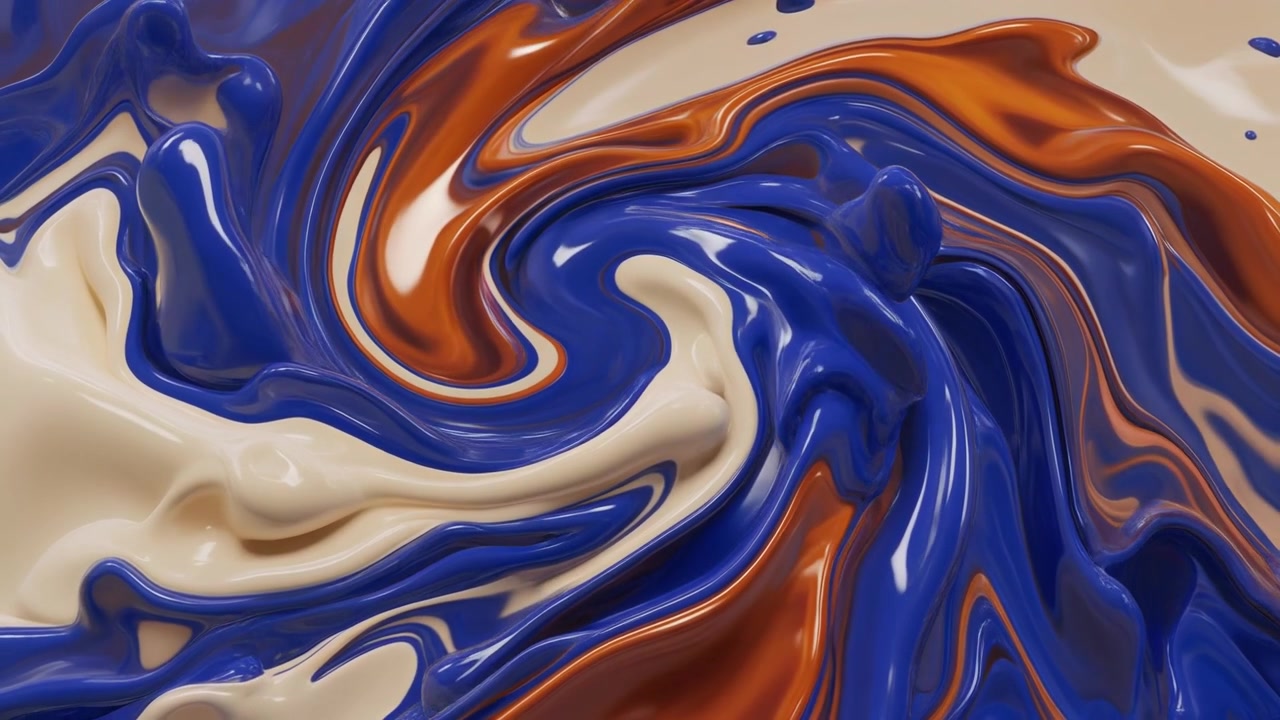 Pittura liquida vorticosa astratta nei colori blu, arancione e crema