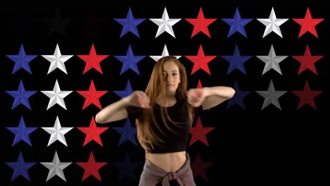 Animation-Einer-Frau,-Die-über-Den-Sternen-Der-Flagge-Der-Vereinigten-Staaten-Von-Amerika-Tanzt