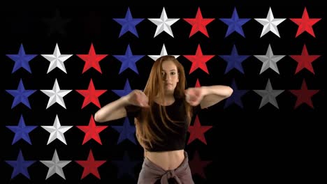 animation of woman dancing over stars of flag of united states of america