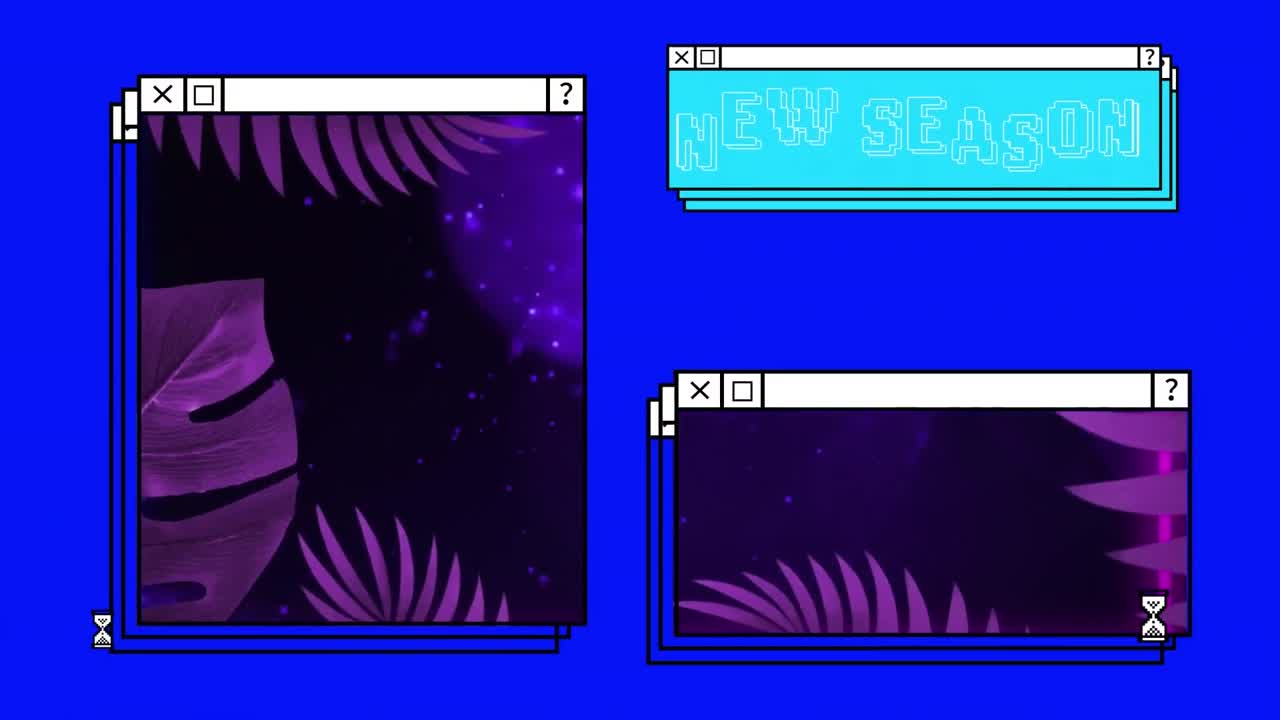 Animation of plantation and dots with new season text in computer interface over blue background