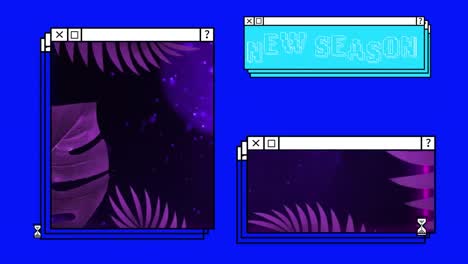 animación de la plantación y los puntos con texto de la nueva temporada en la interfaz de la computadora sobre fondo azul