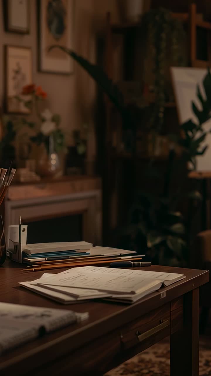Vertical video: Panning camera over wooden desk with notebooks pens brushes revealing warm studio