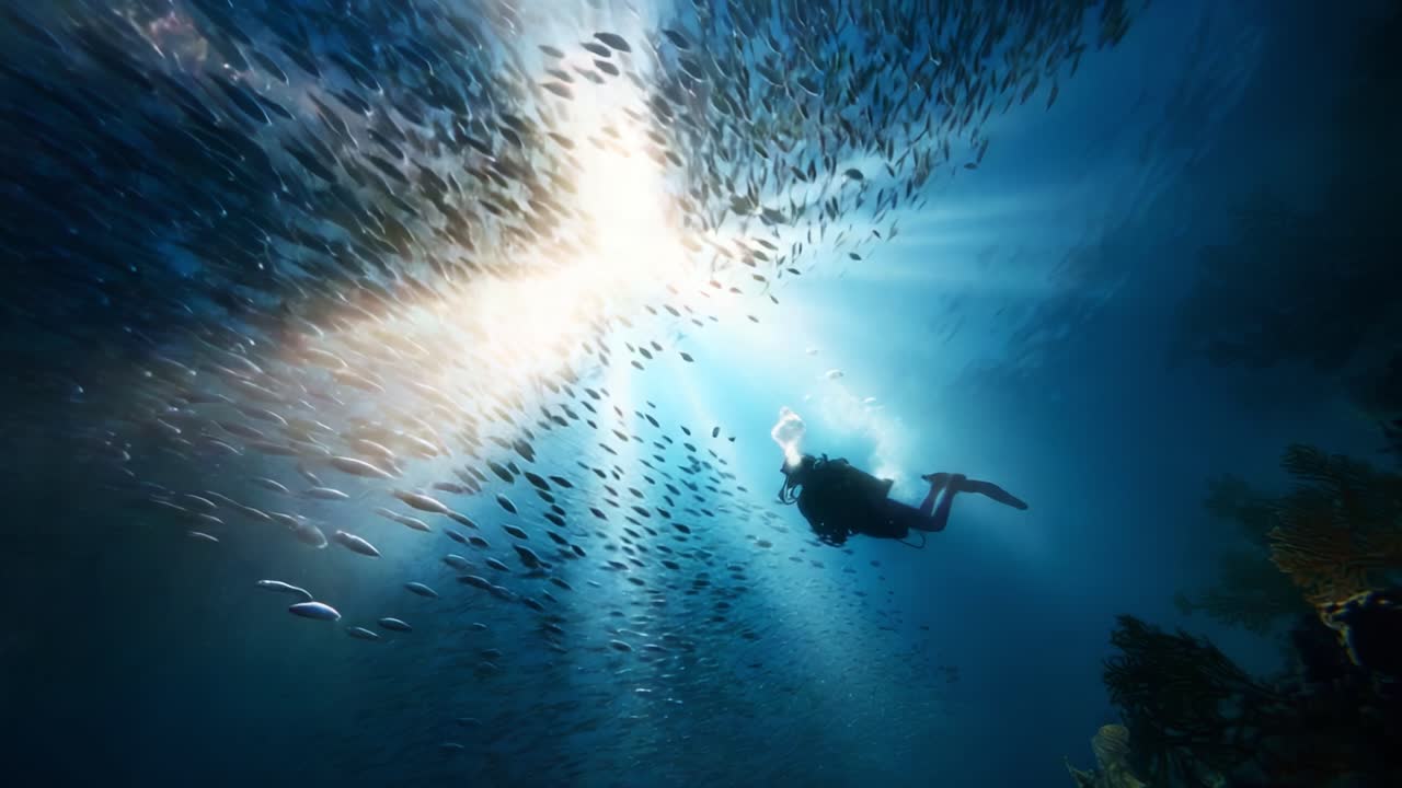 Exploring the Underwater World: A Diver Embraces the Beauty of Shimmering Light and a School of Fish Beneath the Surface in a Tranquil Oceanic Environment