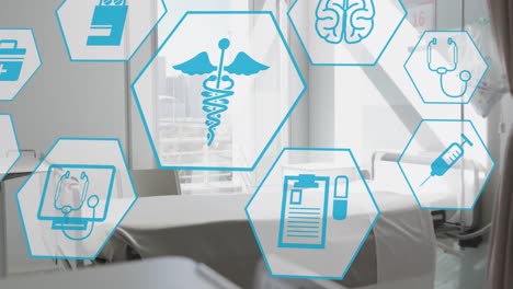 animación de hexágonos con iconos médicos sobre la habitación del hospital
