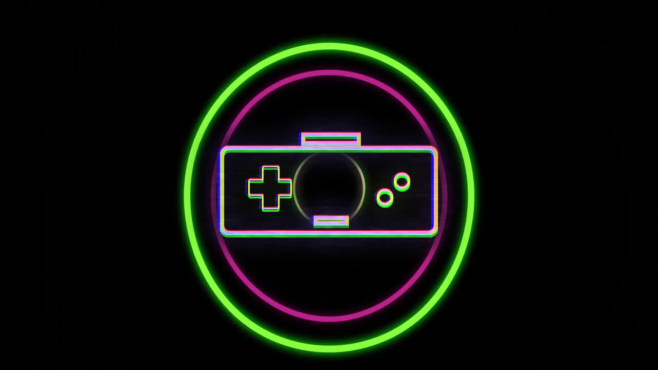 Glowing neon game controller icon on black background, creating animation effect