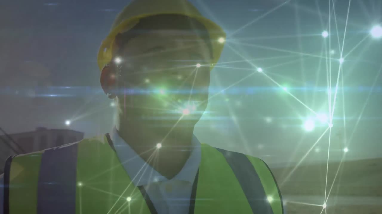 백인 남성 노동자 위에 밝은 반점과 연결 네트워크의 애니메이션