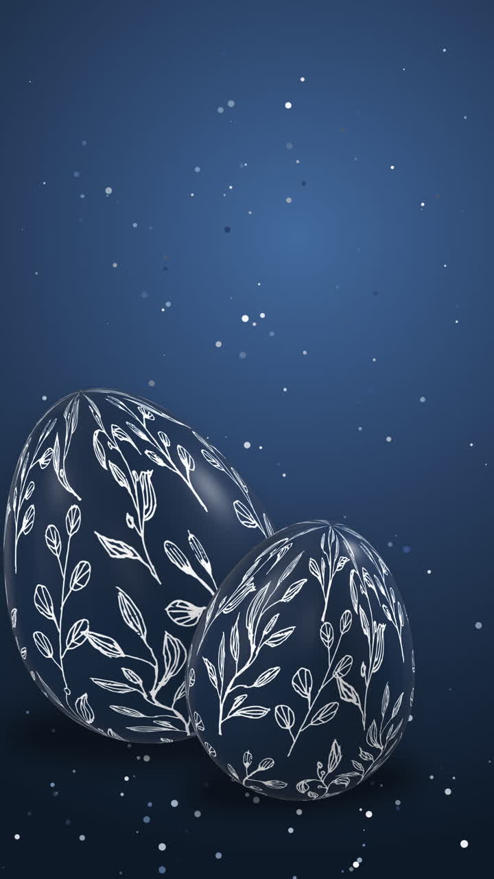 Two blue 3D Easter eggs with floral painted ornament on dark background with empty space for text. Looped animation. Vertical video.