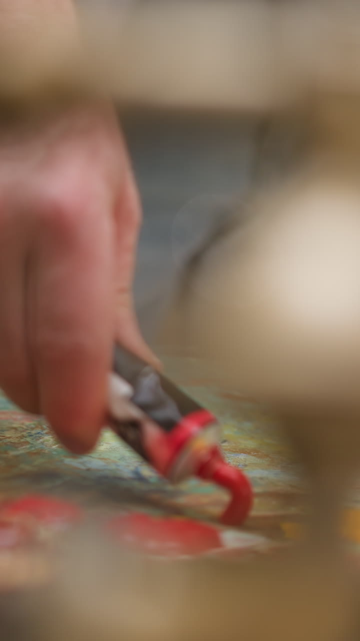 el artista aplasta la pintura fuera del tubo en el estudio de primer plano. hombre maduro prepara sombra acrílica carmesí para obras de arte en la tienda. el pintor trabaja con colores