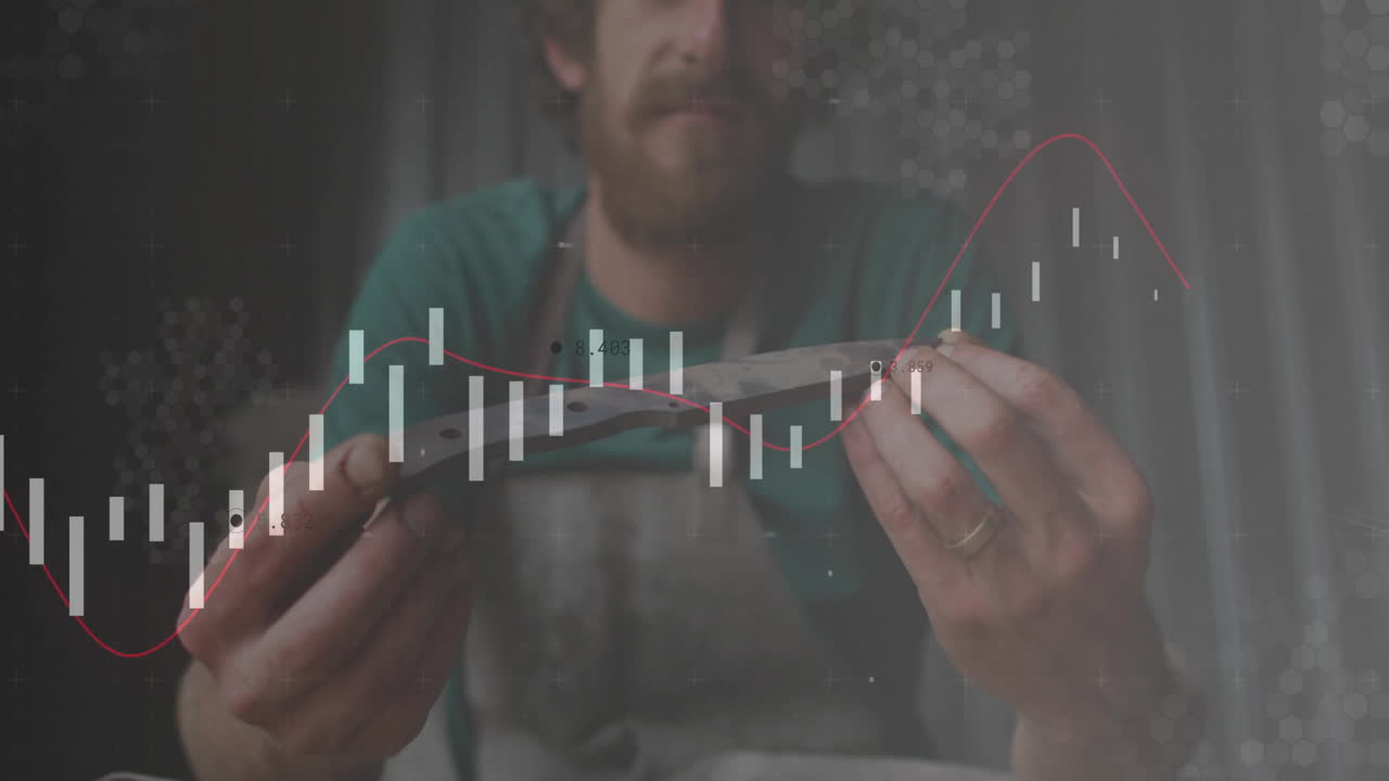 Craftsman inspecting blade in workshop overlay showing candlestick bars and red finance trendline
