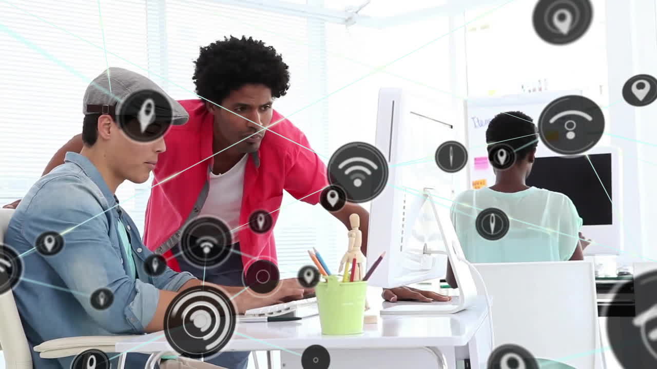 Animation of network of connections with wifi icons over diverse business people in office