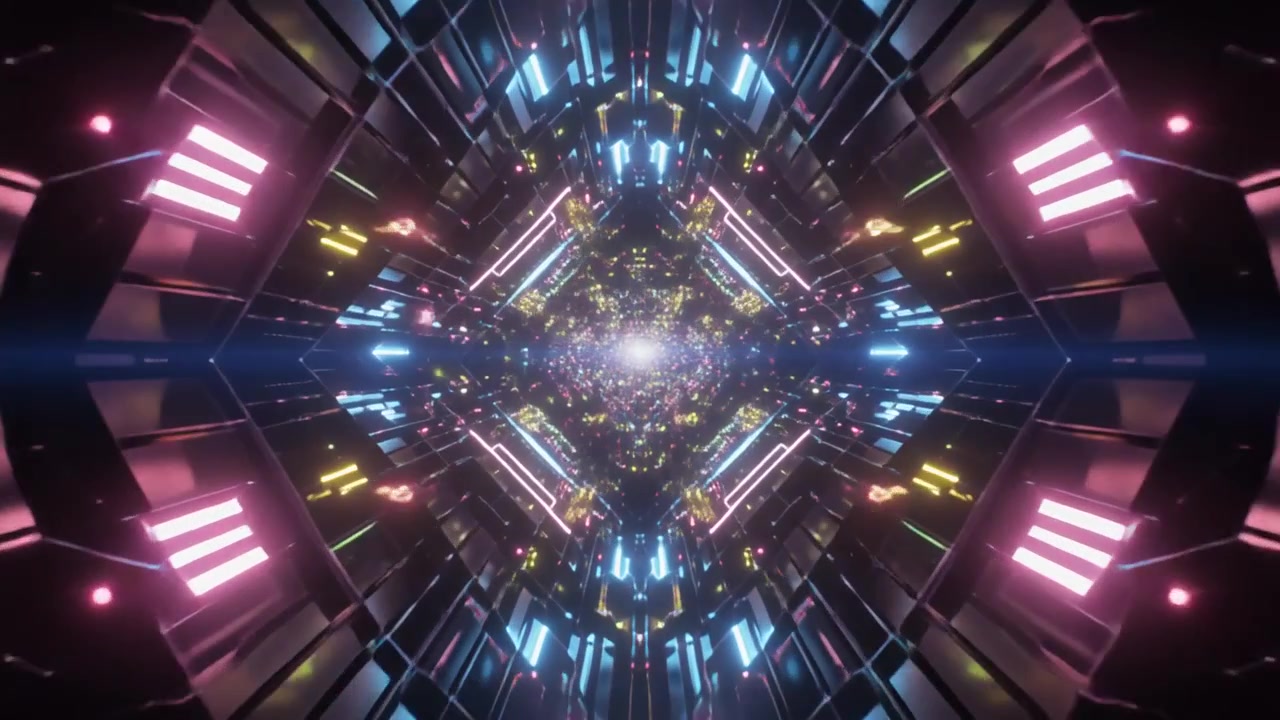 Futuristic Digital Tunnel with Glowing Neon Lights and Geometric Patterns