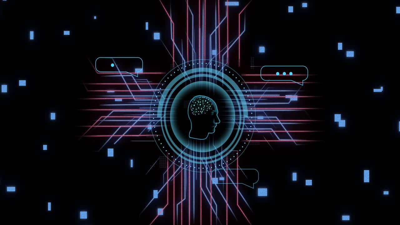 Animation of human brain and ai data processing over black background