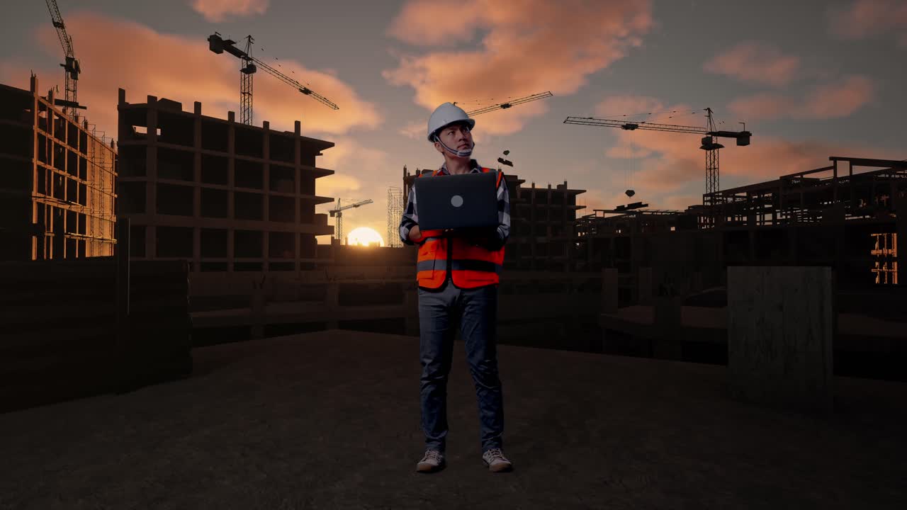 Full Body Of Asian Male Engineer With Safety Helmet Working On A Laptop And Looking Around While Standing At Building & Construction Site in Progress to New House