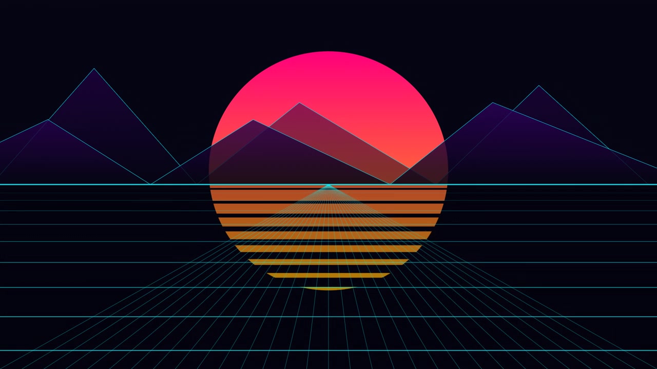 Paesaggio in Stile Retro Synthwave con Sole Luminoso e Montagne