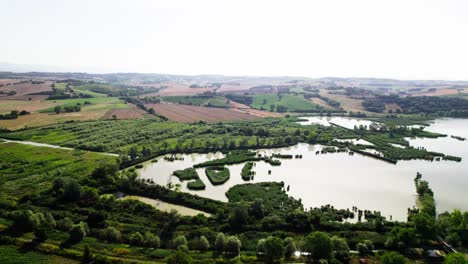 lake and agricultural fields in tuscany, italy - aerial drone shot