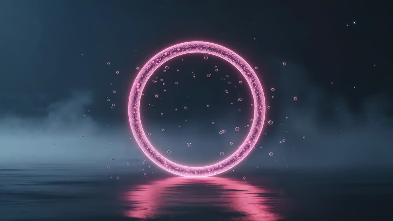 Glowing Pink Energy Ring with Particles on Water