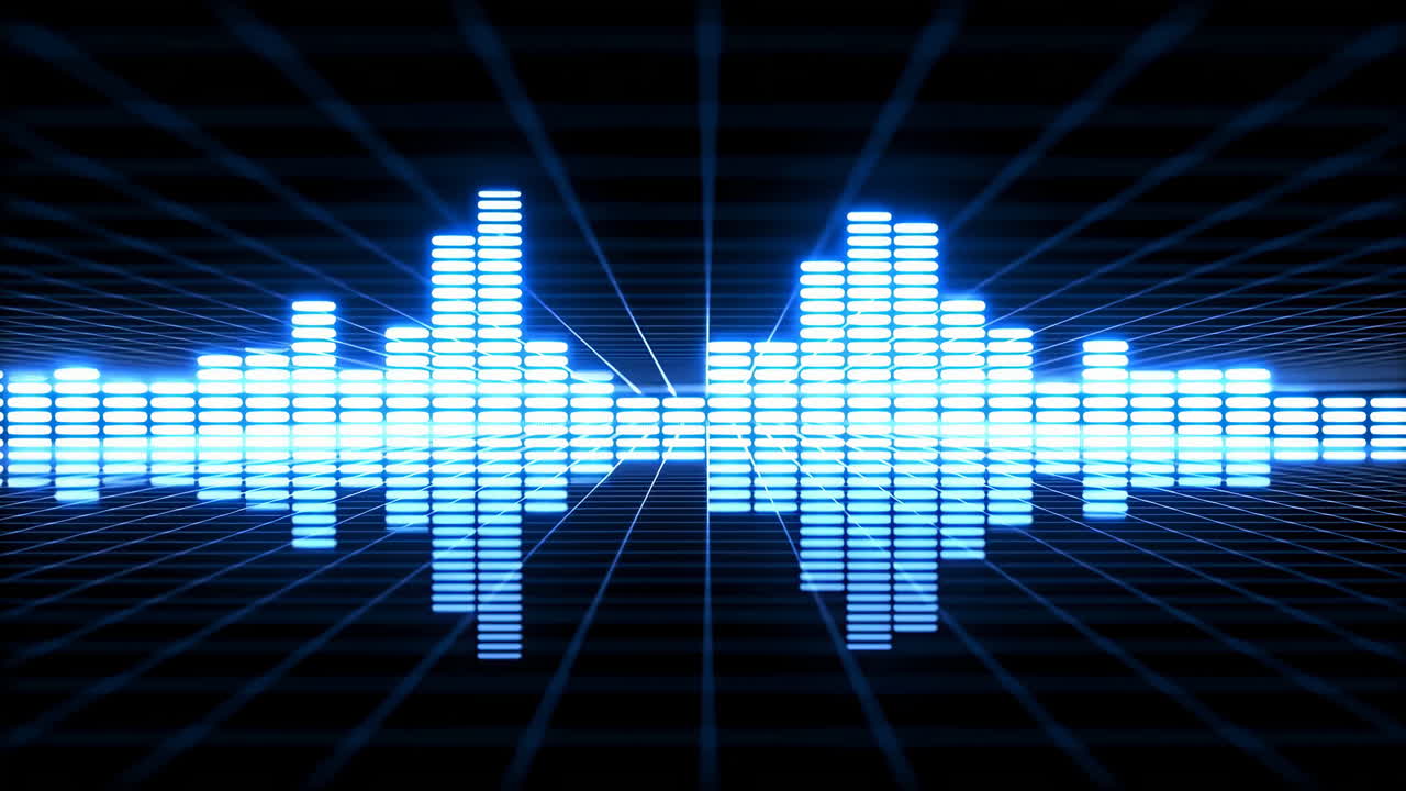 Neon Blue Audio Equalizer Bars Pulse, Glowing Bars Ripple Across Cyber Grid Floor, Dynamic Frequency Peaks