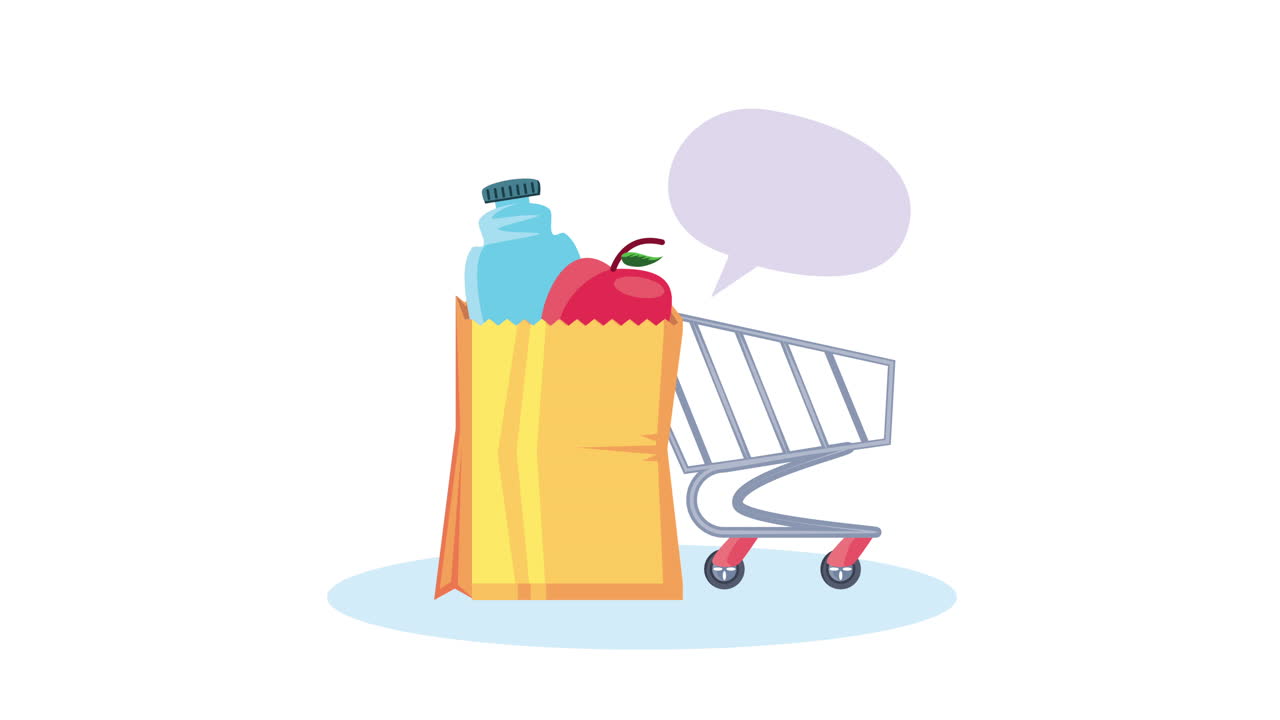 carrito de compras y bolsa con comestibles