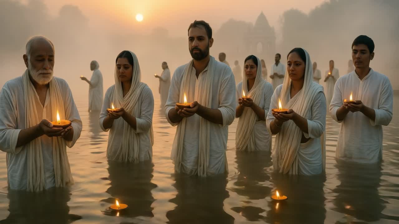 People holding candles in river ceremony