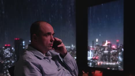 hombre sentado cerca de la ventana lloviendo por teléfono con la ciudad