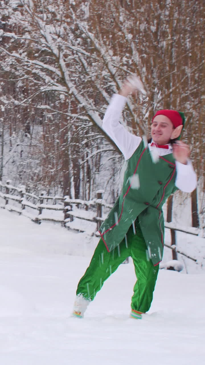 Santa Claus elves play snowballs on a snowy field against the background of the forest. Vertical video