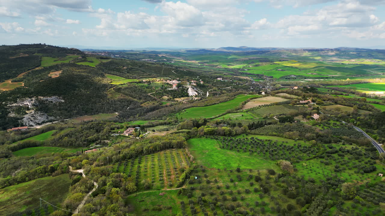 Aerial drone view of the Valdorcia region in Tuscany, central Italy