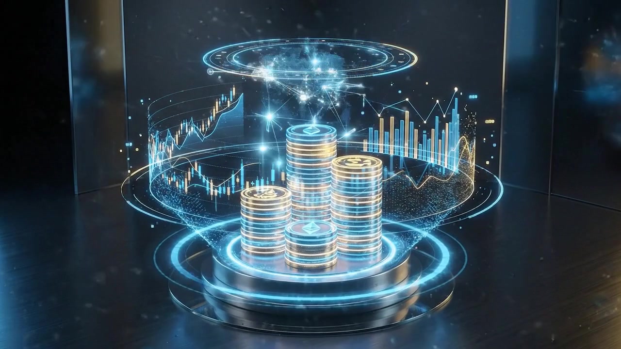 Pile di monete olografiche 3D e grafici finanziari di crescita
