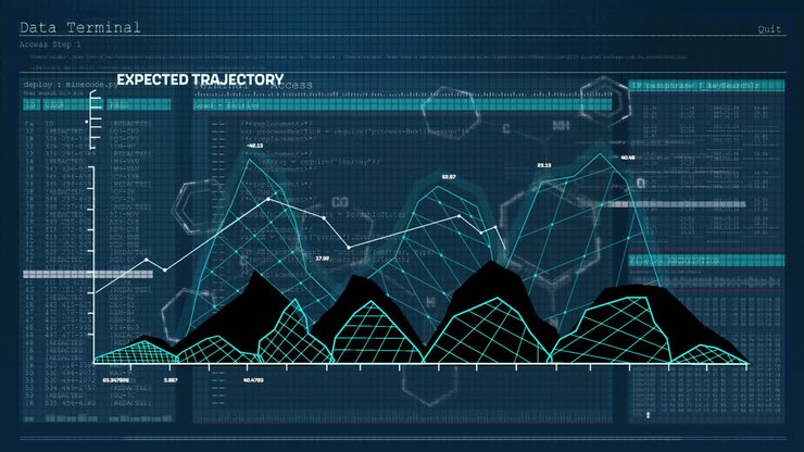 Animación de texto de trayectoria esperada y gráfico procesando datos en una pantalla de interfaz