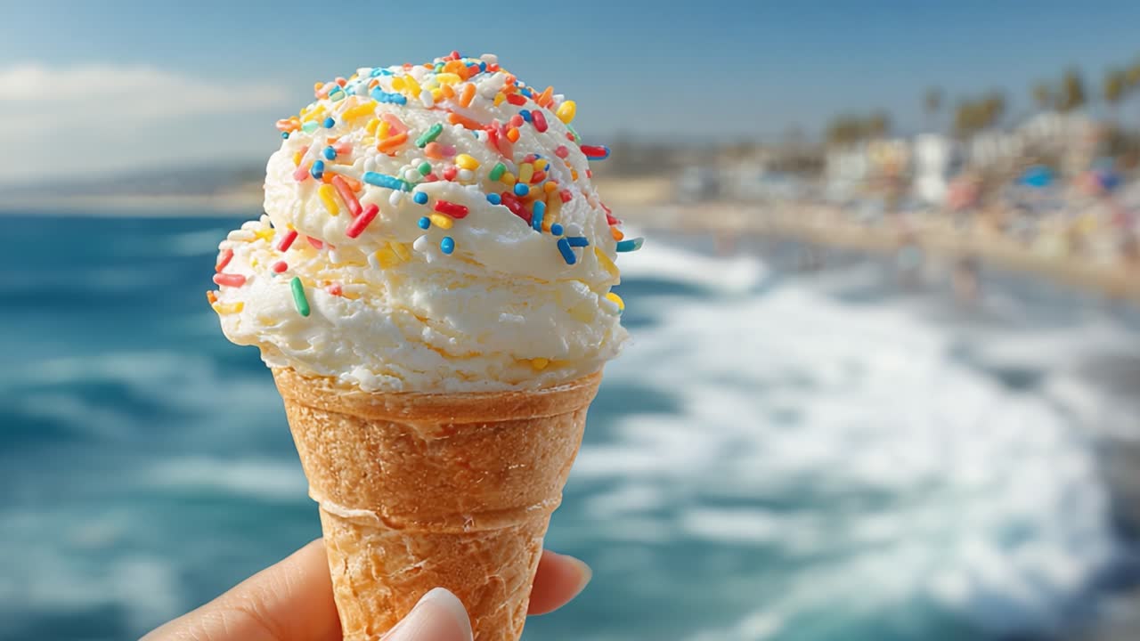 Delizioso Cono Gelato con Codette Colorate Tenuto Contro uno Sfondo Costiero Panoramico con Onde e Spiaggia Sabbiosa.