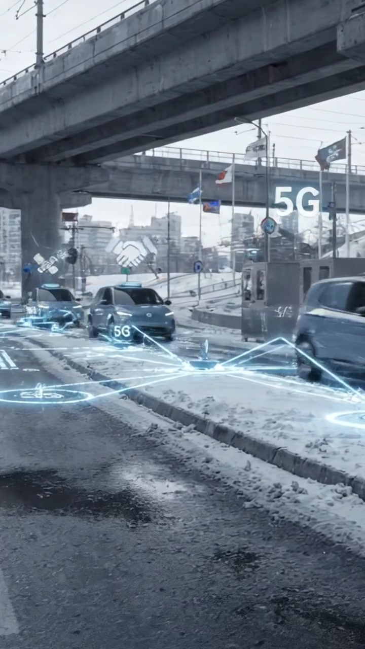 Scena invernale urbana con veicoli autonomi e segnali stradali sotto un cavalcavia, tra la nevicata e le strade asfaltate, che evidenzia la tecnologia di trasporto futuristica